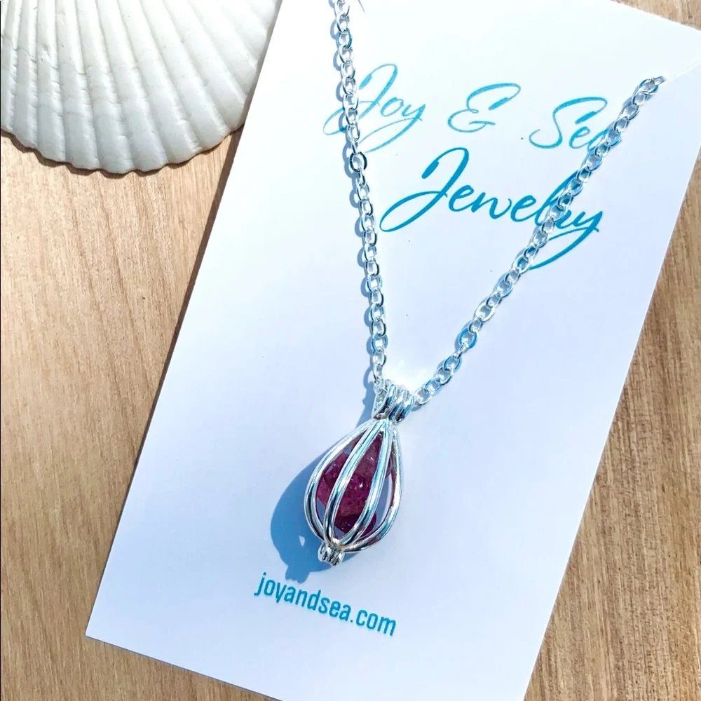 Strawberry Quartz Caged Pendant Necklace - Picture 2 of 8